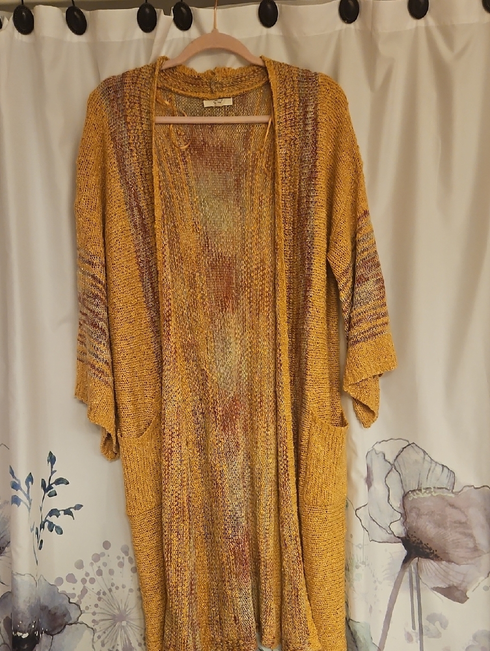 easel Mustard Open-Front Knit Cardigan with Multicolor Accents